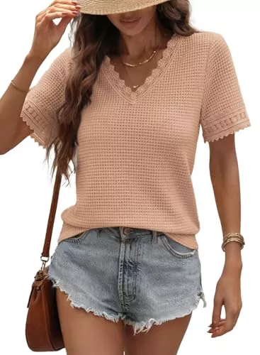 Chicrise T-Shirts Chicrise Bluse Damen Sommer Spitze Waffle Tshirt V Ausschnitt Kurzarm Top Elegant Lässig
