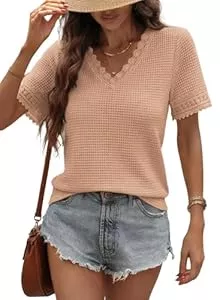 Chicrise T-Shirts Chicrise Bluse Damen Sommer Spitze Waffle Tshirt V Ausschnitt Kurzarm Top Elegant Lässig