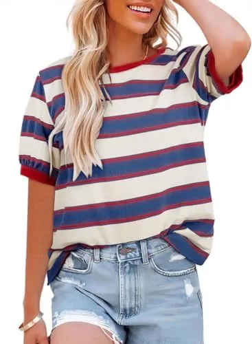 Cuptacc T-Shirts Cuptacc Tshirt Damen Rundhals Locker Oberteile Bunt Gestreiftes Tunika Damen Sommer Casual Baumwolle T Shirt Kontrast Kurzarm Oberteile