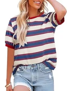Cuptacc T-Shirts Cuptacc Tshirt Damen Rundhals Locker Oberteile Bunt Gestreiftes Tunika Damen Sommer Casual Baumwolle T Shirt Kontrast Kurzarm Oberteile