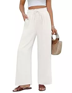 UMIPUBO Hosen UMIPUBO Leinenhose Damen Sommerhose Leichte Baumwolle Palazzo Causal Weite Hose Freizeithose Elegant Lang Stoffhose Elastisch High Waist Strandhose mit Tunnelzug und Taschen