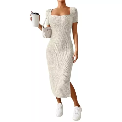 FUPODD Freizeit FUPODD Strickkleid Damen Sommer Lang Kleid Mit Schlitz Figurbetontes Midikleid Elegant Sommerkleid Bodycon Rippenstrick Kleider Eng Kurzarm Freizeitkleid Mit Eckigem Ausschnitt Bleistiftkleid Frauen