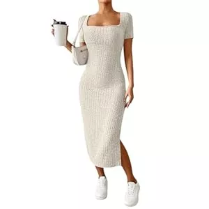 FUPODD Freizeit FUPODD Strickkleid Damen Sommer Lang Kleid Mit Schlitz Figurbetontes Midikleid Elegant Sommerkleid Bodycon Rippenstrick Kleider Eng Kurzarm Freizeitkleid Mit Eckigem Ausschnitt Bleistiftkleid Frauen