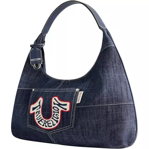 True Religion Taschen & Rucksäcke True Religion Damen Retro, Oversized Horseshoe Logo Shoulder Purse with Patchwork Style Hobo Bag, Dunkles Denim