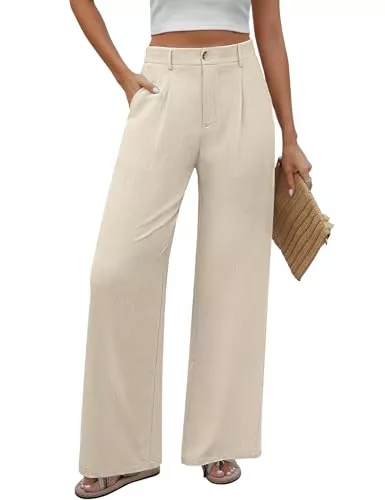 PASUDA Hosen PASUDA Hose Damen Sommer Weites Bein Freizeithose Hight Waist Geradem Sommerhose Leichte Bequeme Lässige Anzughose Hosen Lang mit Taschen, Knopfleiste