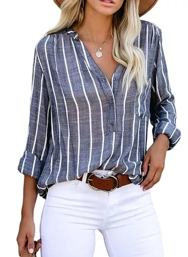 Cindeyar Langarmblusen Cindeyar Bluse Damen Langarm Streifen Oberteile Casual Langarmshirt Tops Lose Baumwolle Tunika Hemd