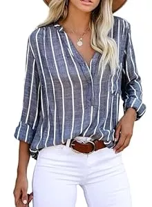 Cindeyar Langarmblusen Cindeyar Bluse Damen Langarm Streifen Oberteile Casual Langarmshirt Tops Lose Baumwolle Tunika Hemd