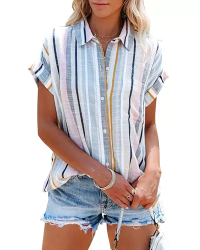 Cicy Bell Kurzarmblusen Cicy Bell Bluse Damen Kurzarm Streifen Oberteile V-Ausschnitt Gestreifte Hemden Tops Sommer Casual Button Down T-Shirt