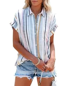 Cicy Bell Kurzarmblusen Cicy Bell Bluse Damen Kurzarm Streifen Oberteile V-Ausschnitt Gestreifte Hemden Tops Sommer Casual Button Down T-Shirt