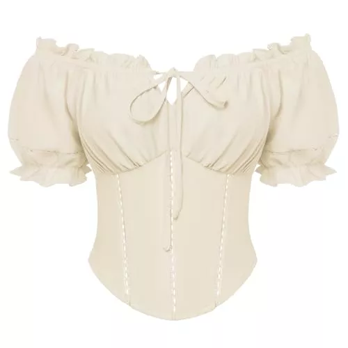 SCARLET DARKNESS Kurzarmblusen SCARLET DARKNESS Damen Renaissance Bluse Kurz Puffärmel Korsett Oberteil mit Schleifen Verziert Mittelalter Blusen