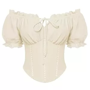 SCARLET DARKNESS  SCARLET DARKNESS Damen Renaissance Bluse Kurz Puffärmel Korsett Oberteil mit Schleifen Verziert Mittelalter Blusen