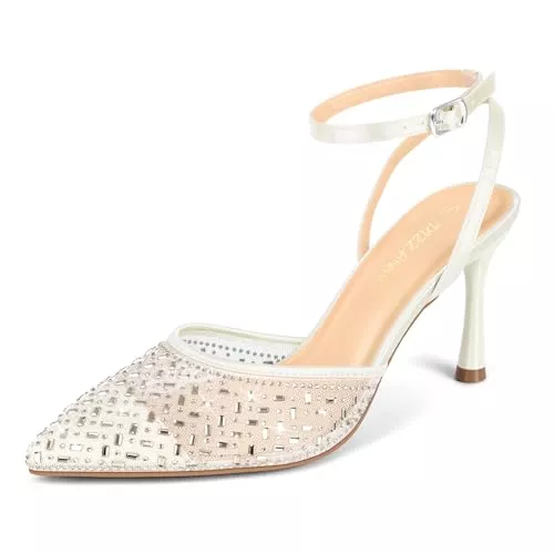 PIZZ ANNU High Heels PIZZ ANNU Damen High Heels Strasssteine Knöchelriemen Hohe Schuhe Elegant Pumps mit Stiletto Absatz Bequem Brautschuhe für Hochzeit Festliche EU 36-42