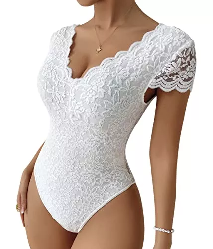 Minetom Kurzarmblusen Minetom Damen Elegant Body mit Spitzen Bodysuit Club Party Oberteil Bodys Kurzarm Spitzentop Shirt Bluse Overall