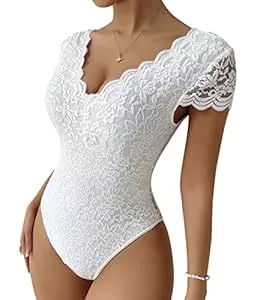 Minetom Kurzarmblusen Minetom Damen Elegant Body mit Spitzen Bodysuit Club Party Oberteil Bodys Kurzarm Spitzentop Shirt Bluse Overall