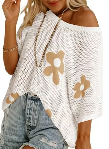 Chicrise Pullover & Strickmode Chicrise Häkelpullover Damen Schulterfrei Rundhals Strickpullover Oversize Hakelnadel Cover Up Mesh Oberteil Lechit lässig