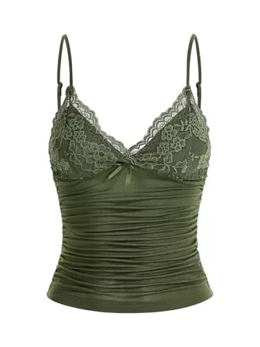 GORGLITTER Tops GORGLITTER Damen Y2k Camisole Spaghettiträger Tops Crop Top V-Ausschnitt Oberteil mit Kontrast Spitze
