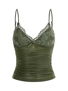 GORGLITTER  GORGLITTER Damen Y2k Camisole Spaghettiträger Tops Crop Top V-Ausschnitt Oberteil mit Kontrast Spitze
