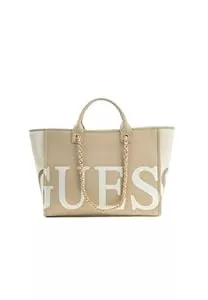 GUESS  GUESS Strandtasche für Damen aus Stoff mit Logo, Beige, 50 x 31 x 18 cm, mit Griffen und Kettengurt, Reißverschluss