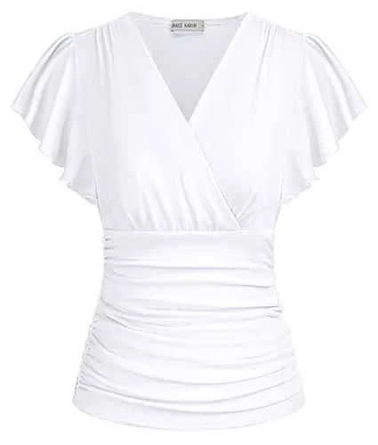 GRACE KARIN Kurzarmblusen GRACE KARIN Damen Rüschen Bluse V-Ausschnitt Kurzarm Oberteile Elegant Plissee-Top Slim Fit Wickelbluse