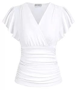 GRACE KARIN Kurzarmblusen GRACE KARIN Damen Rüschen Bluse V-Ausschnitt Kurzarm Oberteile Elegant Plissee-Top Slim Fit Wickelbluse