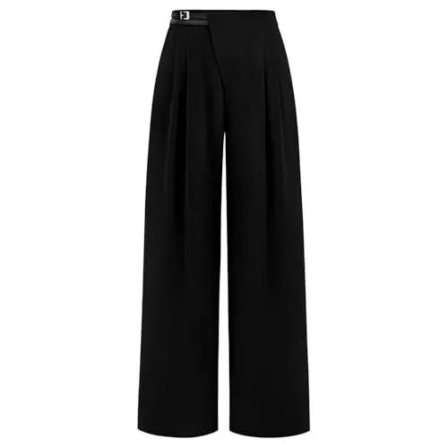 Generic Hosen Freizeithose Damen Weites Bein - Palazzohosen Mit Taschen High Waist Plissee-Hosen Einfarbig Elegante Stoffhose Oversized Locker Anzughose Baggy Bequem Büro Pants Business Breite-Hosen