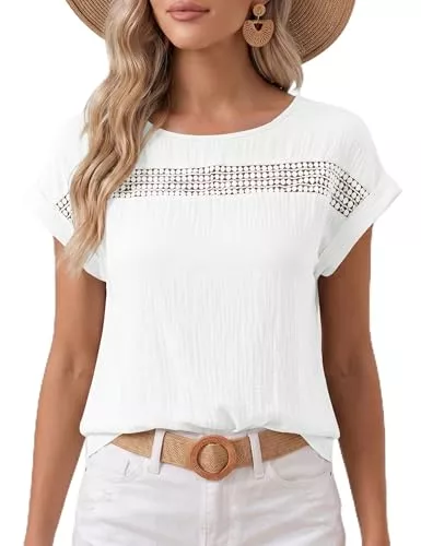 DUOEASE T-Shirts DUOEASE Tshirt Damen Casual Rundhals Kurzarm Häkel Top Damen Sommer Sexy Lochstickerei T Shirt Elegant Leicht Oberteile