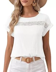 DUOEASE T-Shirts DUOEASE Tshirt Damen Casual Rundhals Kurzarm Häkel Top Damen Sommer Sexy Lochstickerei T Shirt Elegant Leicht Oberteile