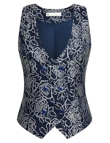 Belle Poque Westen Belle Poque Damen Weste mit Gebogenes Revers V-Ausschnitt Karierte Weste mit Zwei Taschen Geometrischer Saum Einfarbig Jacke