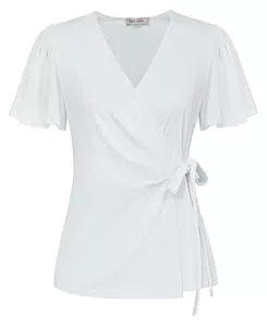 GRACE KARIN Kurzarmblusen GRACE KARIN Damen Wickelbluse Elegant V-Ausschnitt Tunika Fließende Chiffon Kurzarm Oberteile Basic Loose Fit Sommer Freizeit Top