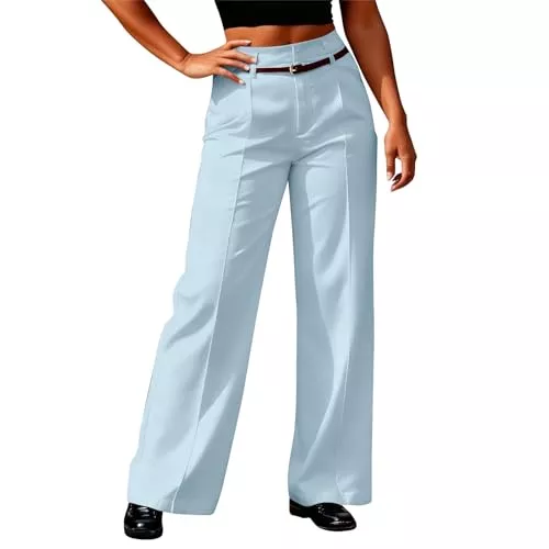 Generic Hosen Anzughose Damen Hohe Taille Wide Leg Hose Casual Business Hosen Elegante Bürohose Leichte Freizeithose Locker Gerade Schnitt Hose mit Gürtel
