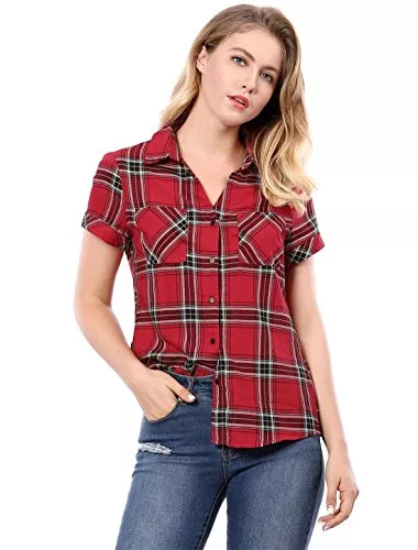 Allegra K Hemdblusen Allegra K Damen Kariertes Hemd Shirt Kariert Kurzarm Classic Oberteil mit Taschen Karo Bluse