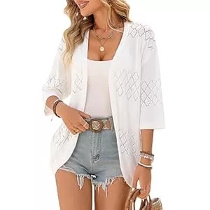 ZLIGXEA  ZLIGXEA Damen Strickjacke Langärm V-Ausschnitt Strick Cardigan Pullover Offene Front 3/4 Ärmel Leichtes Strickpullover Sommer Boho Cover Up