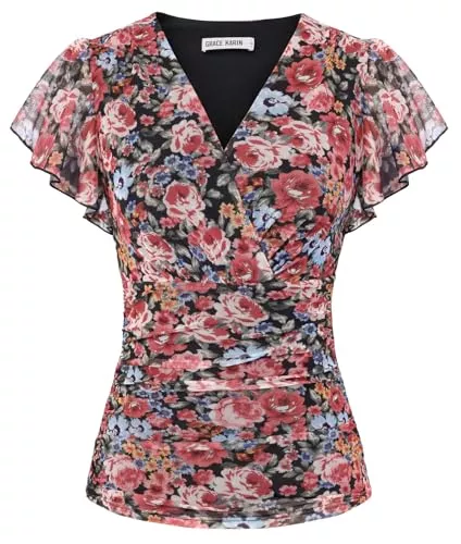 GRACE KARIN Kurzarmblusen GRACE KARIN Damen Blumen Boho Bluse V-Ausschnitt Rüschen Kurzarm Shirt Plissiert Mesh Oberteile Slim Fit Vintage Sommer Top