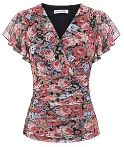 GRACE KARIN  GRACE KARIN Damen Blumen Boho Bluse V-Ausschnitt Rüschen Kurzarm Shirt Plissiert Mesh Oberteile Slim Fit Vintage Sommer Top