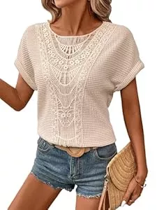 Chicrise  Chicrise Tshirt Damen Sommer Rundhals Lochstickerei Bluse Waffel Spitzen Kurzarm Oberteile Elegant