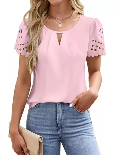 LEKOPUR Kurzarmblusen LEKOPUR Bluse Damen Kurzarm Chiffon Shirt Blusen Elegant Lochmuster V-Ausschnitt Sommer Festliche Oberteil für Party Outfit Tunika Damenblusen