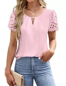 LEKOPUR  LEKOPUR Bluse Damen Kurzarm Chiffon Shirt Blusen Elegant Lochmuster V-Ausschnitt Sommer Festliche Oberteil für Party Outfit Tunika Damenblusen