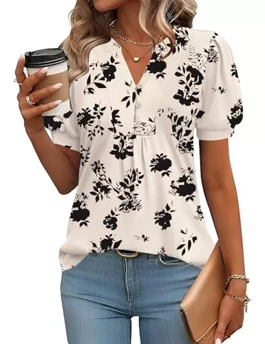 Rapbin Kurzarmblusen Rapbin Bluse Damen V-Ausschnitt Knopfleiste T-Shirt Tunika Kurzarm Top Sommer Oberteile Elegant Casual