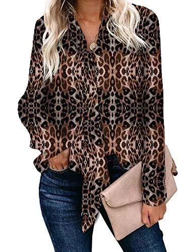 Geckatte Blusen & Tuniken Geckatte Damen Chiffonbluse mit Leopardenmuster, mit Fliege, langärmelig