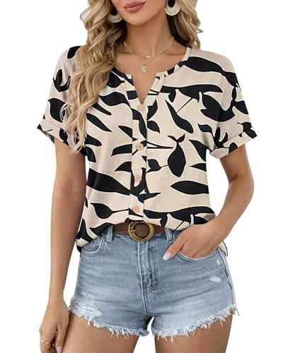 WNEEDU Kurzarmblusen WNEEDU Bluse Damen Sommer Kurzarm T-Shirt Damen V Ausschnitt Oberteile Sommerbluse Elegant Shirts Leicht und Luftig Casual mit Knopfleiste Gerollte Kurzärmel