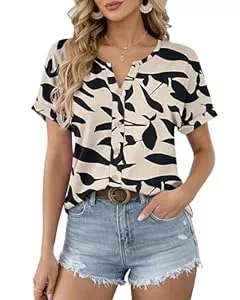 WNEEDU Kurzarmblusen WNEEDU Bluse Damen Sommer Kurzarm T-Shirt Damen V Ausschnitt Oberteile Sommerbluse Elegant Shirts Leicht und Luftig Casual mit Knopfleiste Gerollte Kurzärmel