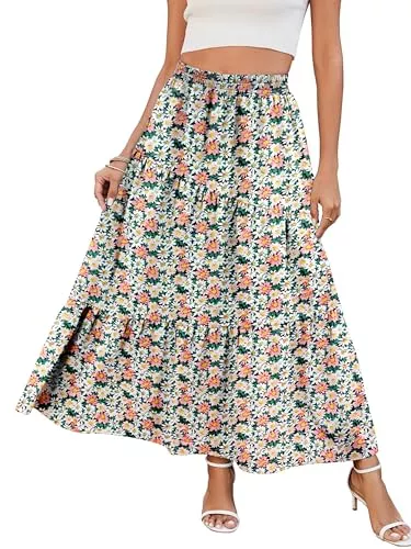 Timuspo Röcke Timuspo Rock Damen Lang mit Taschen Maxi Skirt Hohe Elastische Taille Sommer A-Line Einfarbig Flowy Sommerrock Lässig Elegant Blumen Plisseerock Strandrock Faltenrock