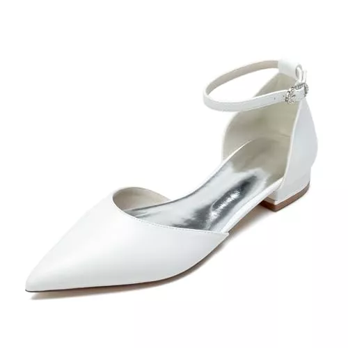 smlekwc Flache Schuhe smlekwc Damen Klassische Leder Spitz Zehen Pumps Knöchelriemen Brautschuhe Komfort Flache Absätze Formelle Kleid Schuhe