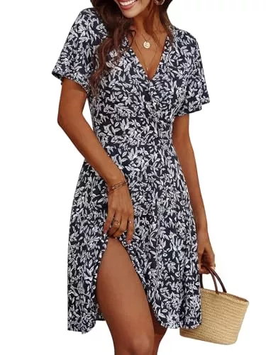 Cicy Bell Freizeit Cicy Bell Damen Sommerkleid Knielang Kurzarm V Ausschnitt Wrap Kleider Blumenmuster Midikleid A-Linie Freizeitkleid