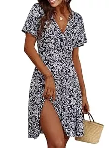 Cicy Bell  Cicy Bell Damen Sommerkleid Knielang Kurzarm V Ausschnitt Wrap Kleider Blumenmuster Midikleid A-Linie Freizeitkleid