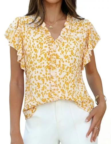 GRACE KARIN Kurzarmblusen GRACE KARIN Blusen Damen Sommer Leicht V-Ausschnitt Rüschen Kurzarm Oberteile Elegant Tunika Blumen Rüschenbluse für Festliche Party