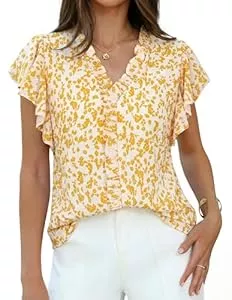GRACE KARIN Kurzarmblusen GRACE KARIN Blusen Damen Sommer Leicht V-Ausschnitt Rüschen Kurzarm Oberteile Elegant Tunika Blumen Rüschenbluse für Festliche Party