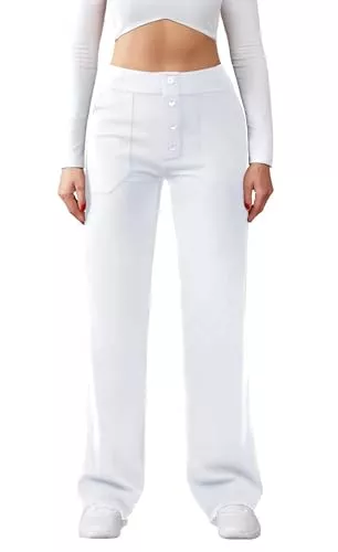 Friptspyg Hosen Friptspyg Hose Damen Hohe Taille Weite Hose Knopf Gerades Bein Hose Casual Arbeit Hose Stretch Yogahose mit Taschen