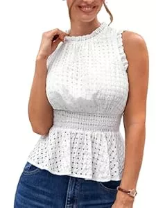 CUPSHE Kurzarmblusen CUPSHE Damen Bluse Elegant Ärmellose Stehkragen Rüschen Smocked Taille Sommer Tank Top Freizeit