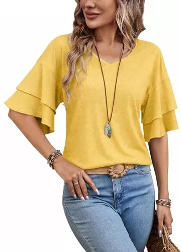 Ryhula Kurzarmblusen Ryhula Damen T-Shirt Bluse Elegant 3/4 Arm Trompetenärmel V-Ausschnitt Locker Bequem Oberteil Leicht Top Für Frühling Sommer Herbst Freizeit &amp; Büro Mode